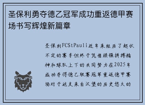 圣保利勇夺德乙冠军成功重返德甲赛场书写辉煌新篇章