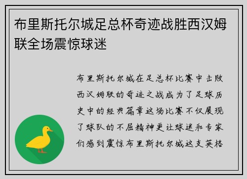 布里斯托尔城足总杯奇迹战胜西汉姆联全场震惊球迷